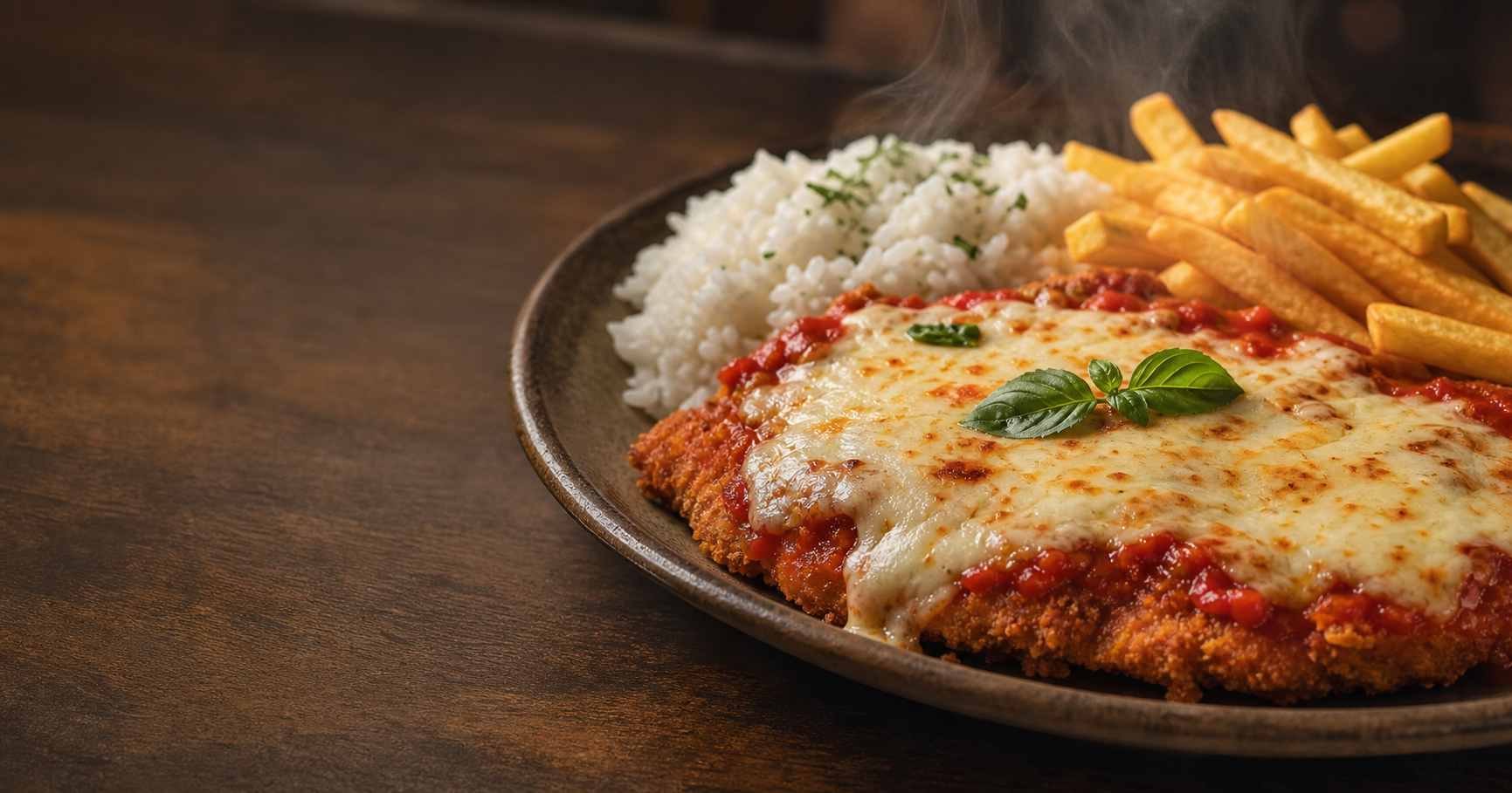 Parmegiana servida com molho, queijo, arroz e fritas
